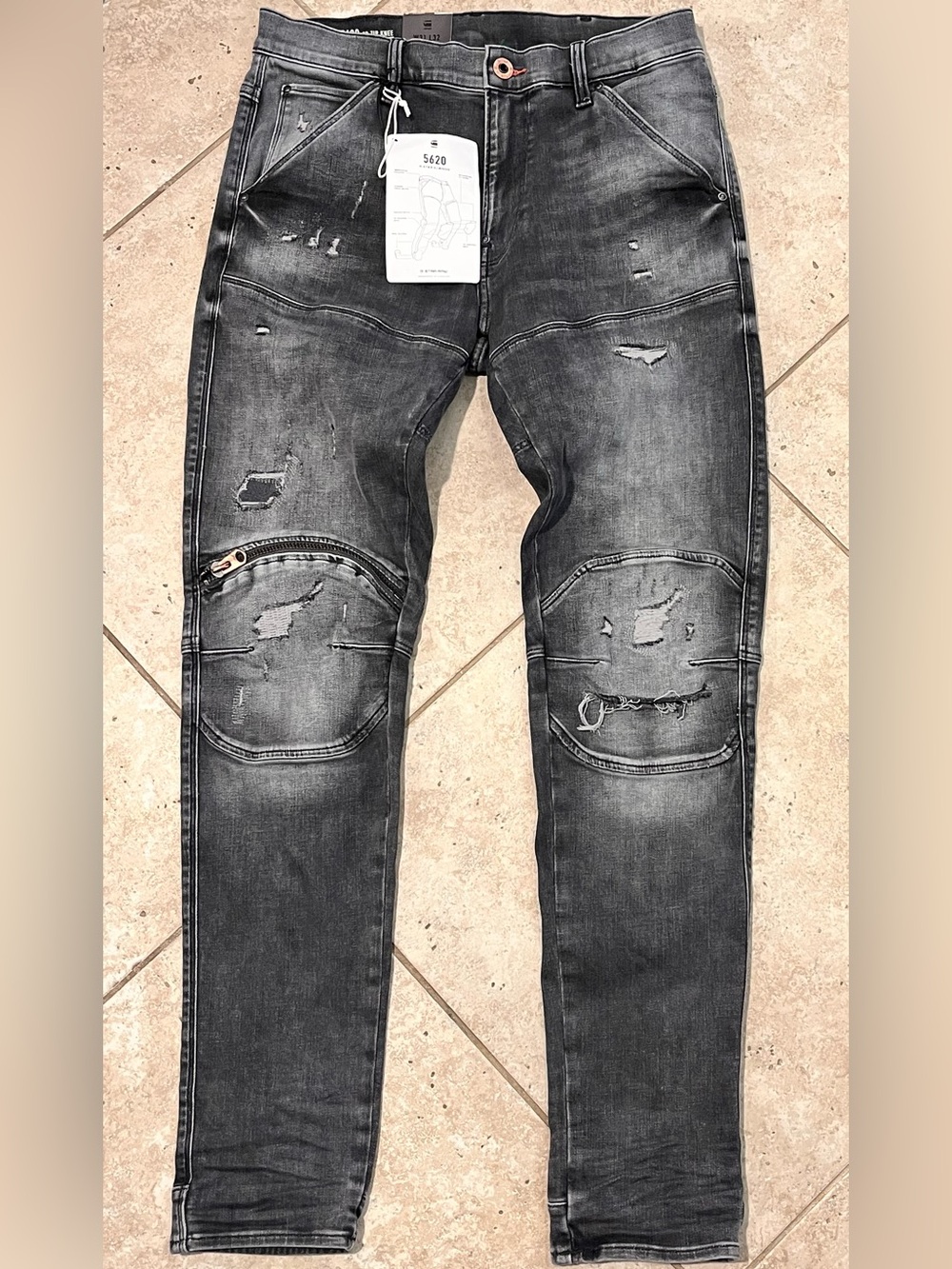 G-Star Raw 3D Zip Knee Skinny Black Jeans Distressed Elwood 5620 31x32 NWT $190